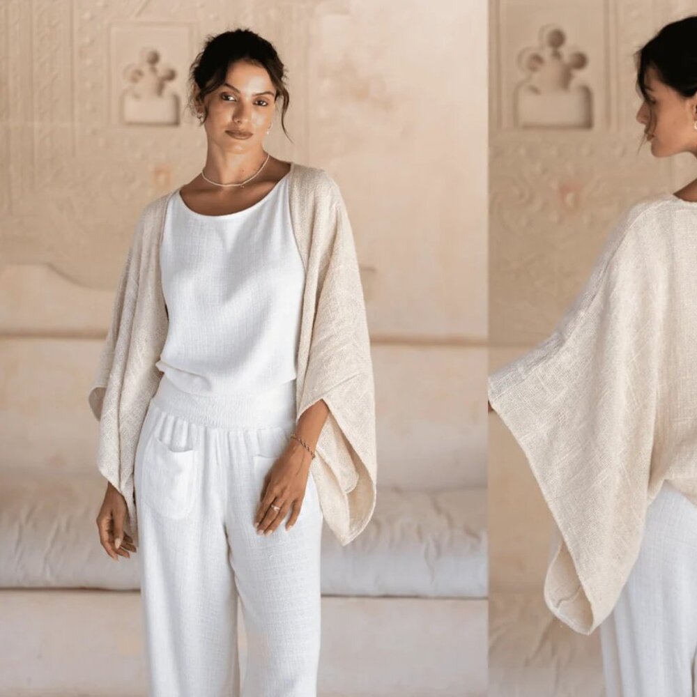 Light Cream Open-Front Knit Poncho Cardigan